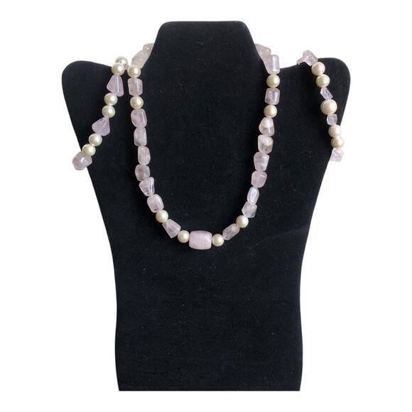 Handmade Vintage Inspired Faux Pearl Pink Gemstones Necklace & Two Bracelets Set - Picture 1 of 16